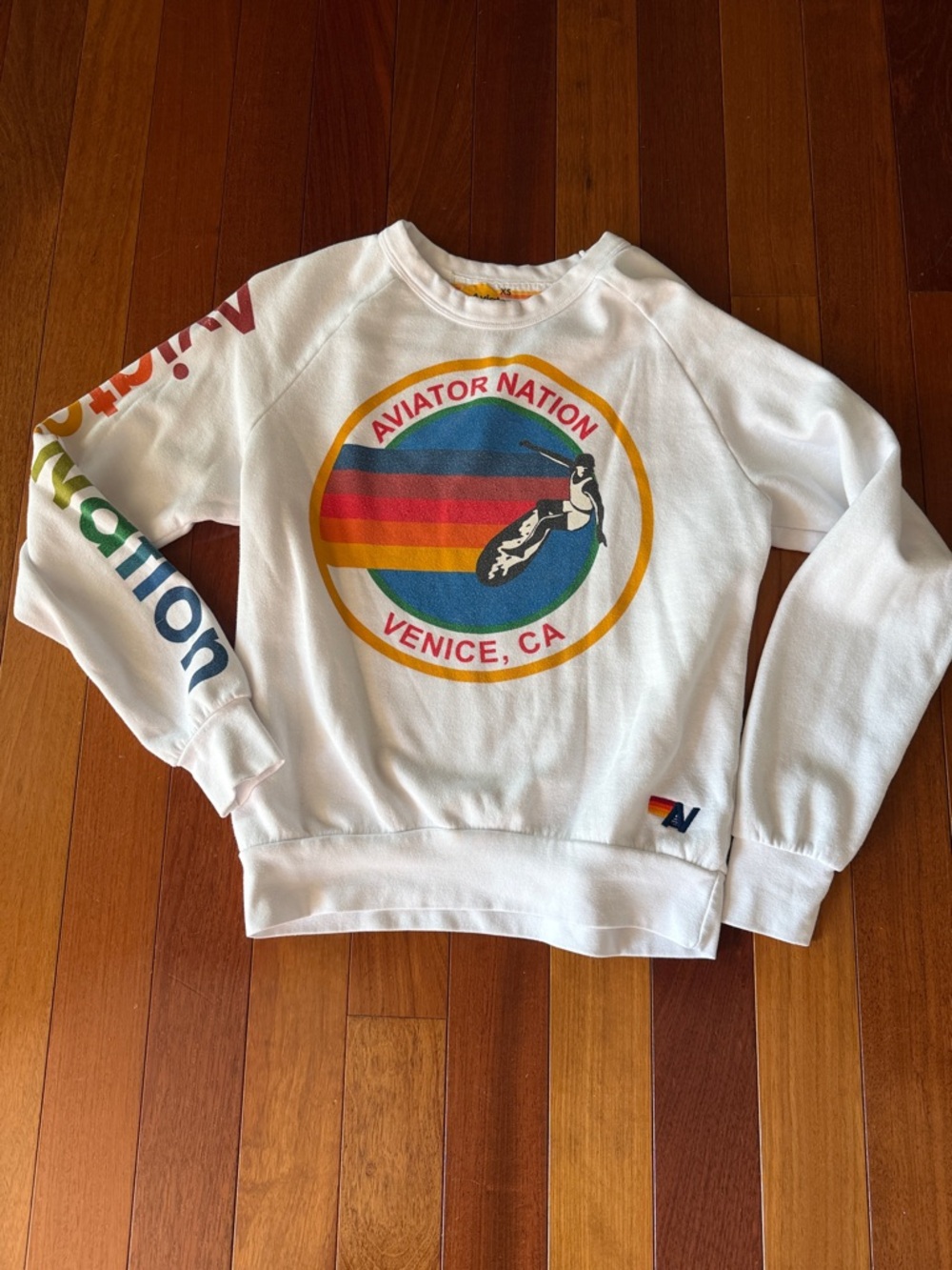 Aviator Nation White Crewneck with Rainbow Retro Surf Logo